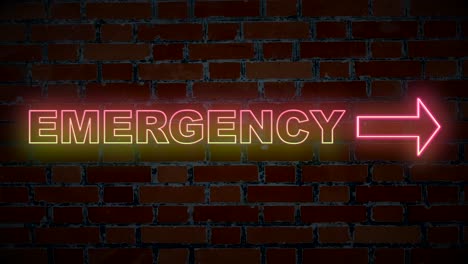 illuminated emergency sign text blinking in neon lights with brick wall in background