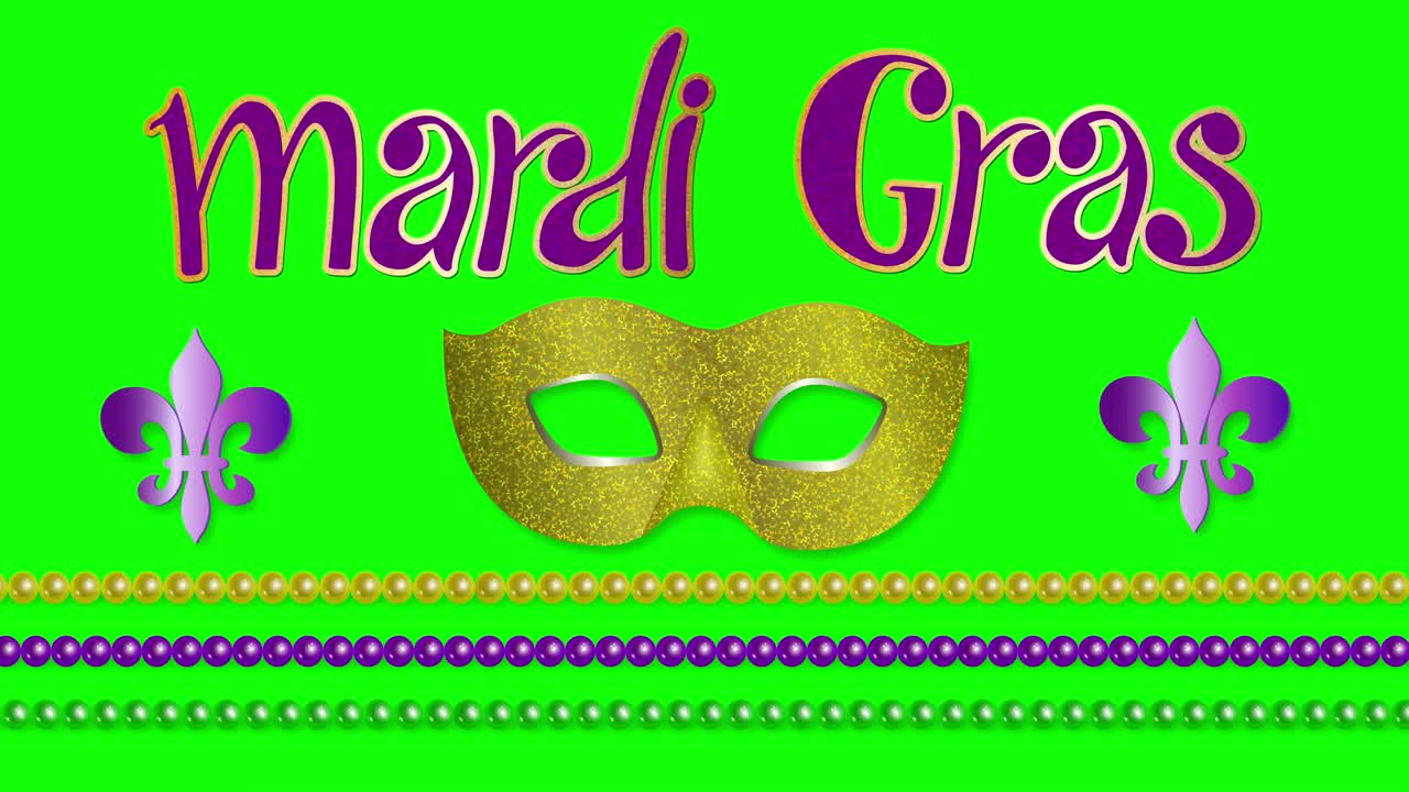 mardi gras martes gordo. animación hermoso símbolo de lirio de flor de lis, máscara de carnaval, cuentas en pantalla verde. saludo de carnaval veneciano de mardi gras. video gráfico de 4k con bucle sin costuras