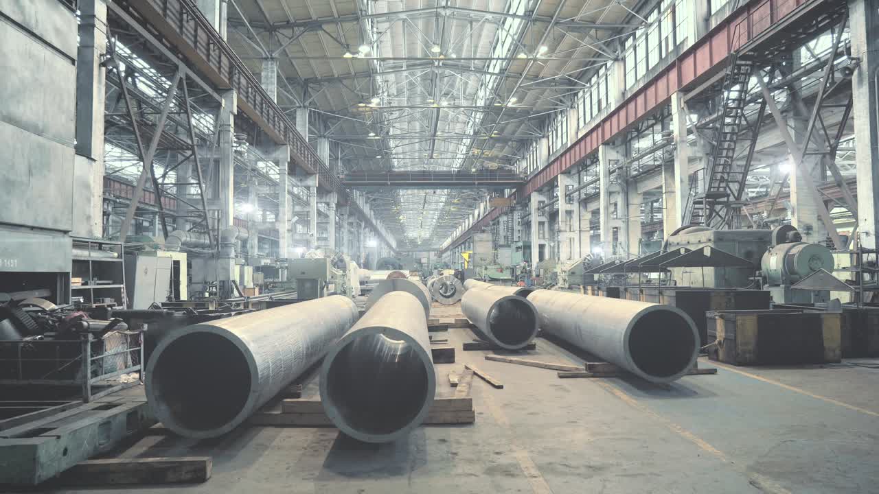 Pipe factory production line warehouse interior, metalwork heavy industry