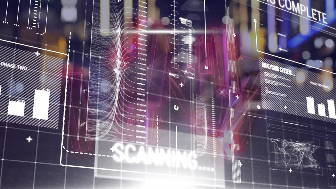 분홍색 크리스탈 모양의 애니메이션과 야간 도시 교통에 대한 데이터 처리 인터페이스.