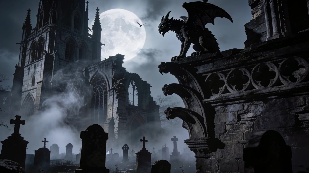 Gargoyle su mensola in una cattedrale in rovina, pipistrelli che attraversano la luna piena, nebbia che si dirada, spazio per il testo