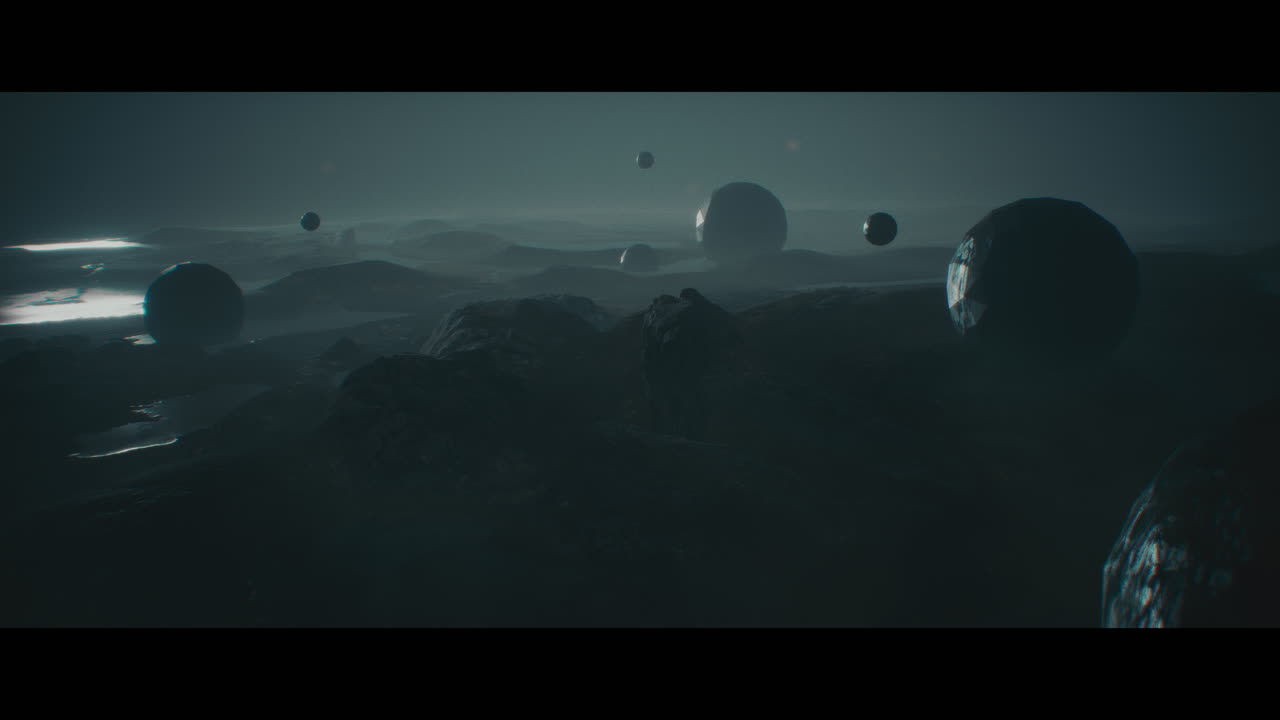 Alien planet desert landscape at night with strange sphere-shaped buildings