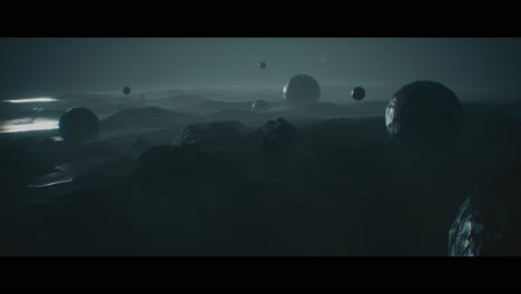 alien planet desert landscape at night with strange sphere-shaped buildings