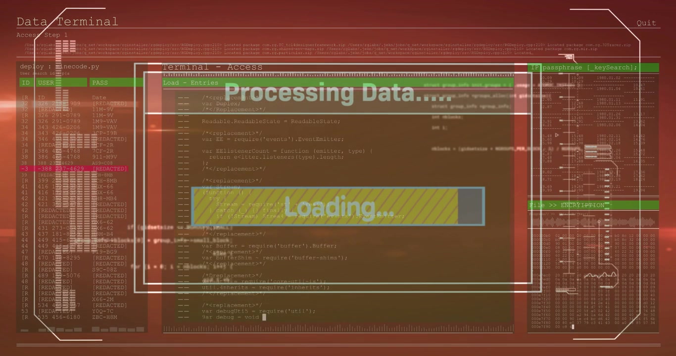 Central processing panel starting sequence, loading bar filling left to right, revealing code