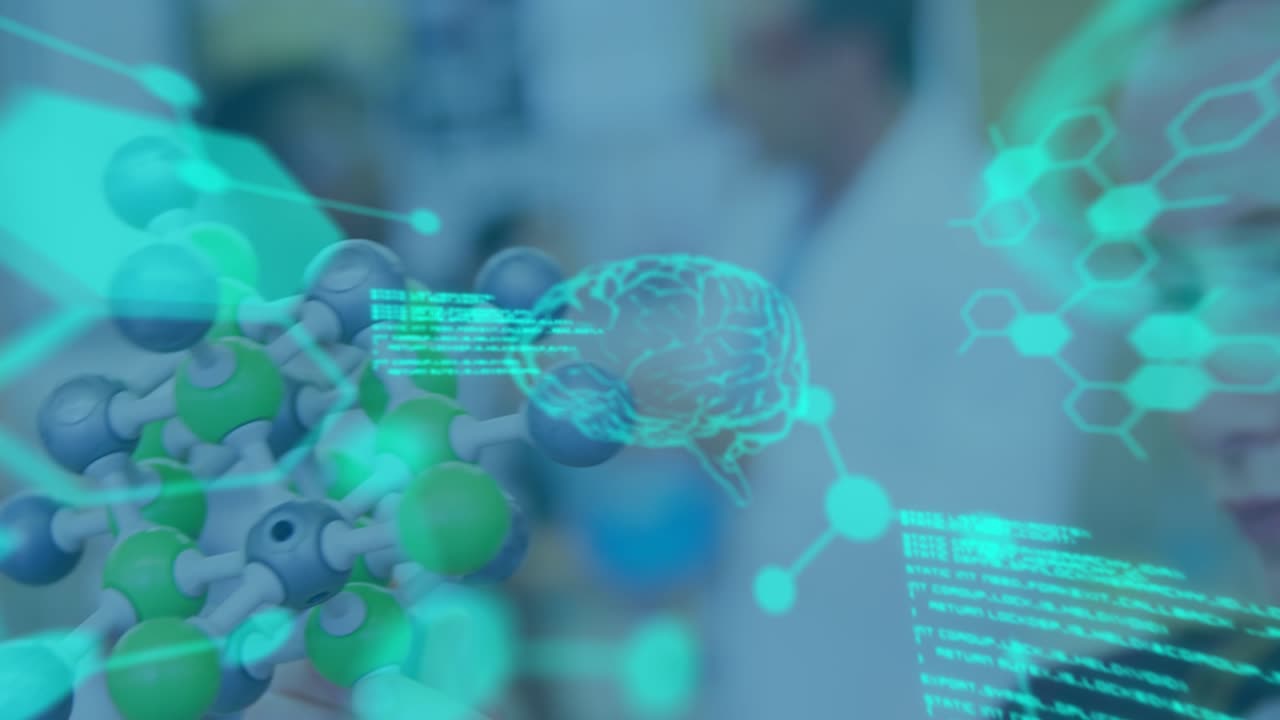 Animazione di elaborazione dati su scolaretta caucasica con un modello