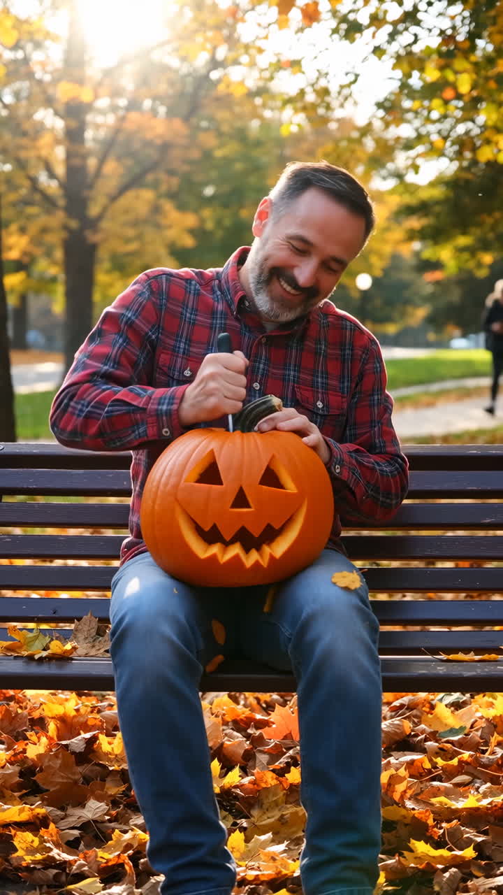 Man carving a Halloween pumpkin in an autumn park