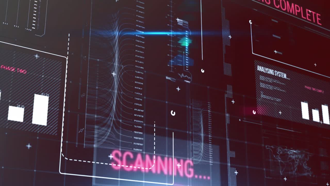 Animasjon av grensesnitt med databehandling og et blått lyspunkt mot grå bakgrunn.