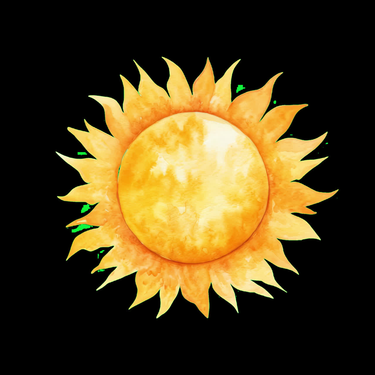 Vibrant watercolor sun illustration animation isolated asset, transparent 4K video, alpha channel