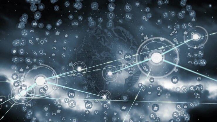 Hub nodes lighting, emitting beams and ripples, globe hosting growing media network mapping icons