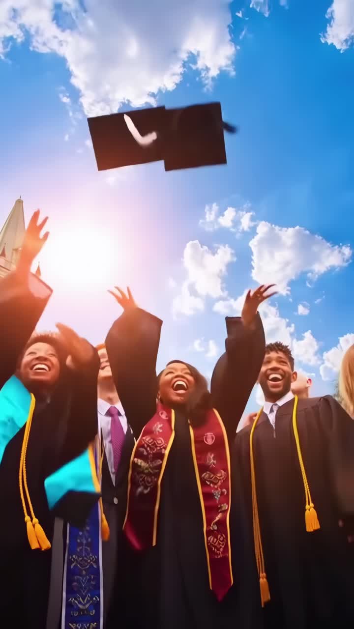 Video da angolazione bassa di laureati che lanciano con gioia i cappelli sotto un cielo azzurro, catturando l'attimo di festa