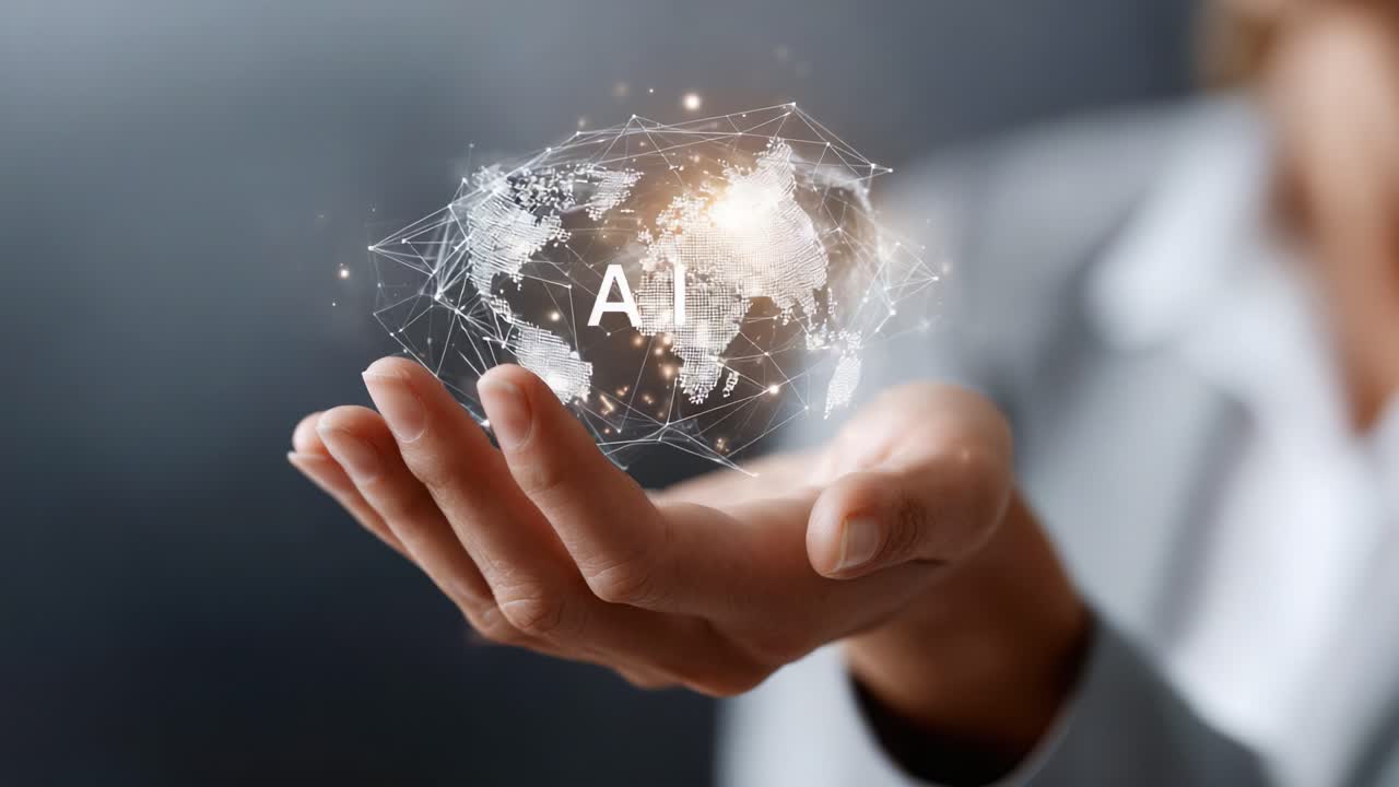 Ruka držící zářící glóbus s propojenými liniemi, které představují spojení technologií a umělé inteligence v digitálním světě.