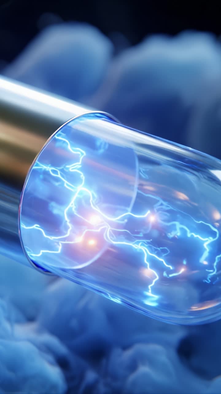 A captivating visual of glowing plasma energy contained within a glass tube, showcasing electric discharge and captivating blue hues against a mysterious background