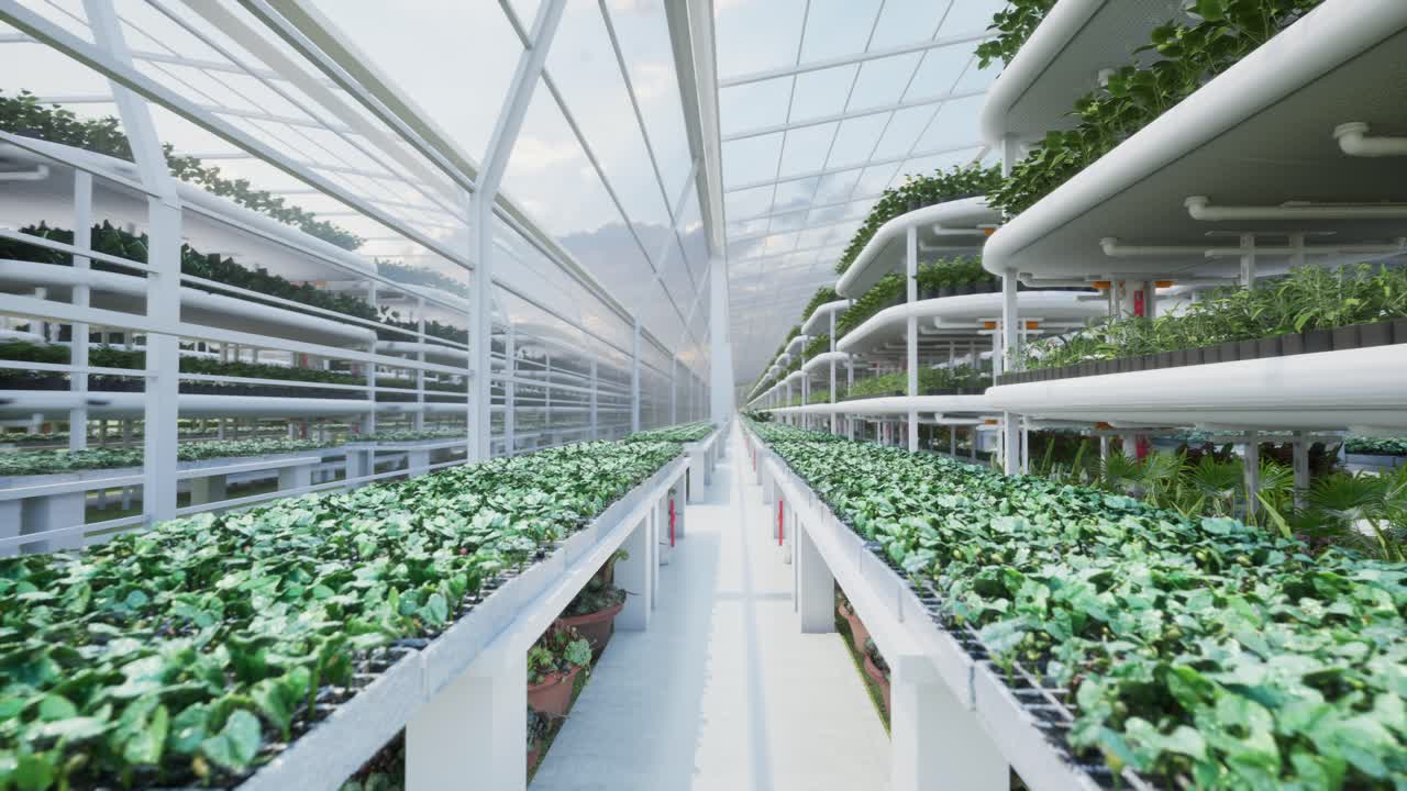 Invernadero moderno con sistemas hidropónicos escalonados para la agricultura sostenible