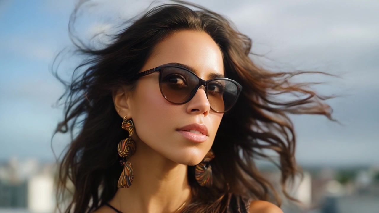 Donna elegante con occhiali da sole e orecchini d'impatto in posa su un tetto, catturando l'essenza della moda e dell'eleganza in un'atmosfera ventilata.