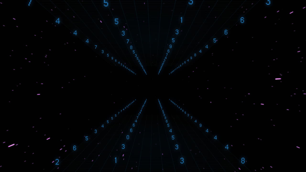 Animation of data processing and light trails on black background