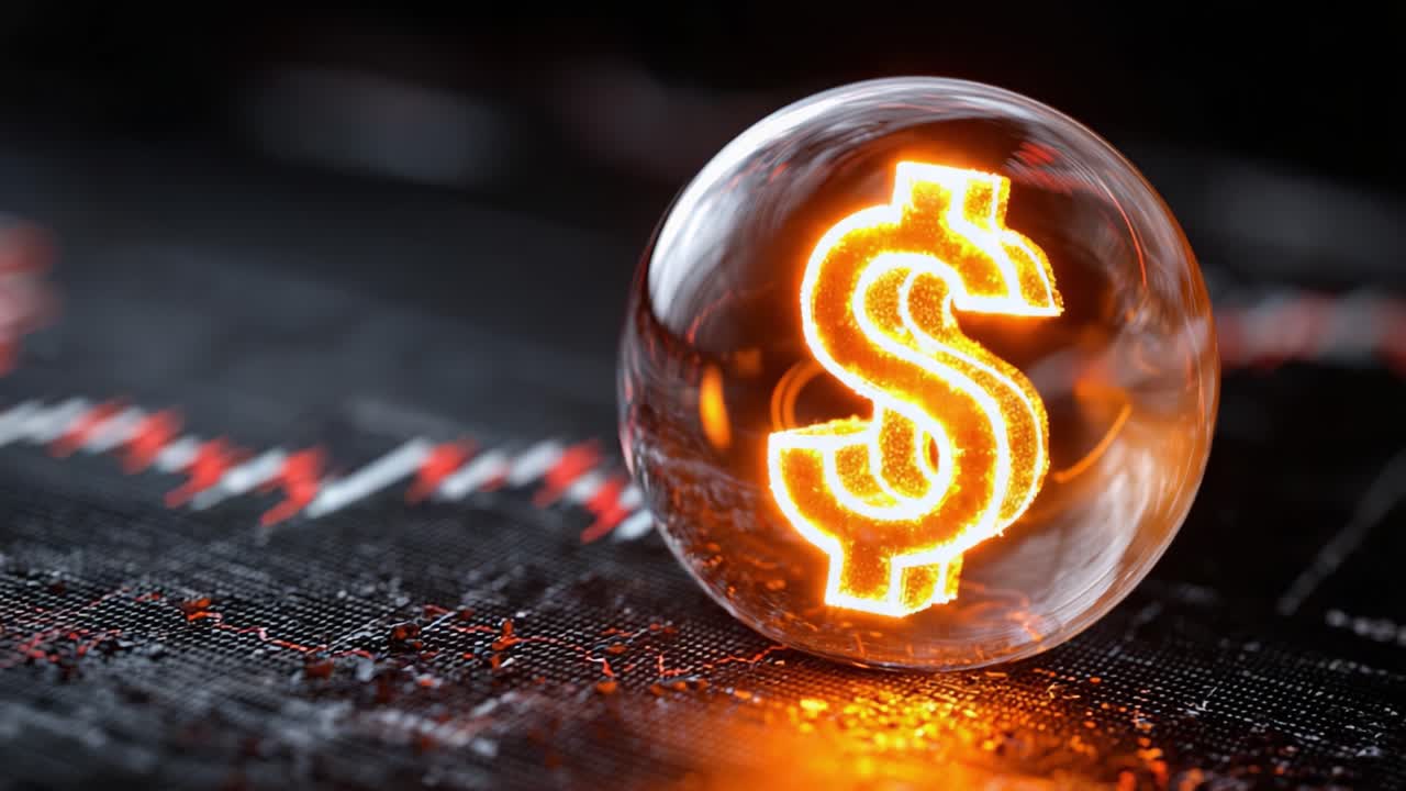 Uma Visualização Cativante de Tendências Financeiras: O Símbolo do Dólar Iluminado em uma Esfera de Cristal Contra um Fundo Digital Simbolizando a Dinâmica do Mercado