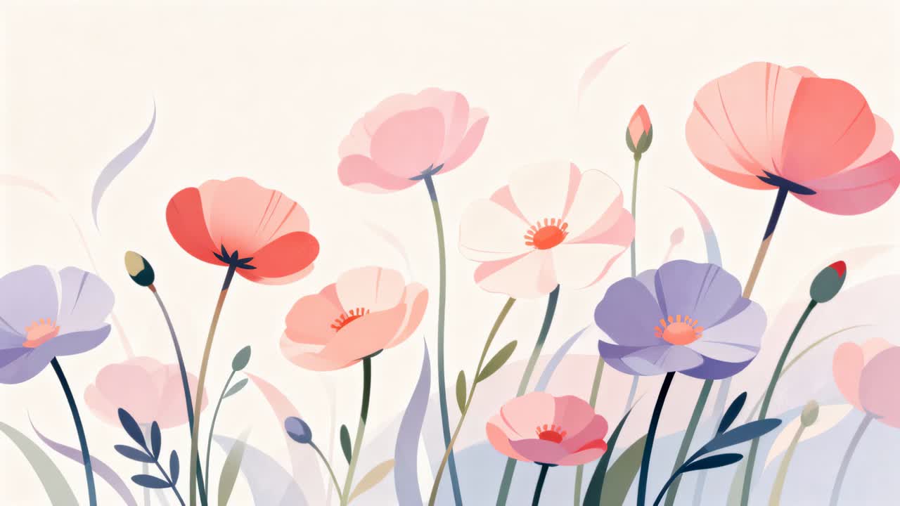 Loop starting, pastel poppy cluster tilting and swaying stems in painted panel, suggesting breeze