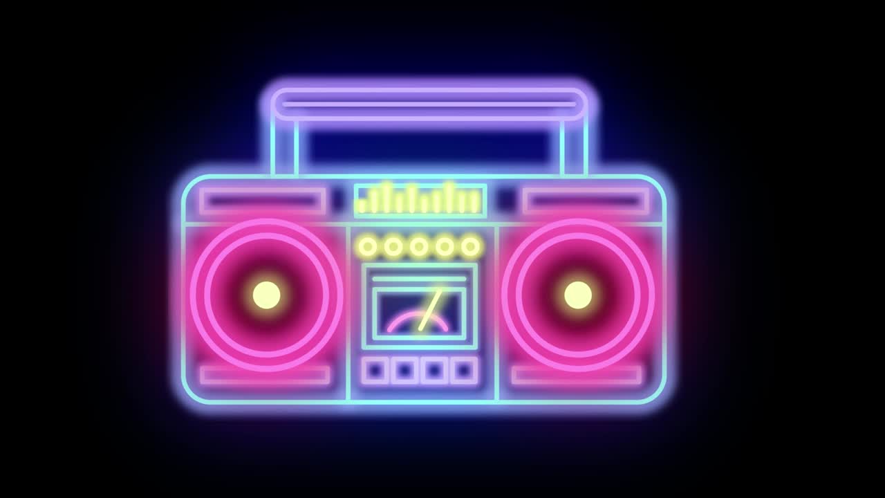 recordador estéreo de cassette de música de neón retro boombox bucle sin costuras aislado en un fondo negro. concepto de discoteca de los años ochenta.