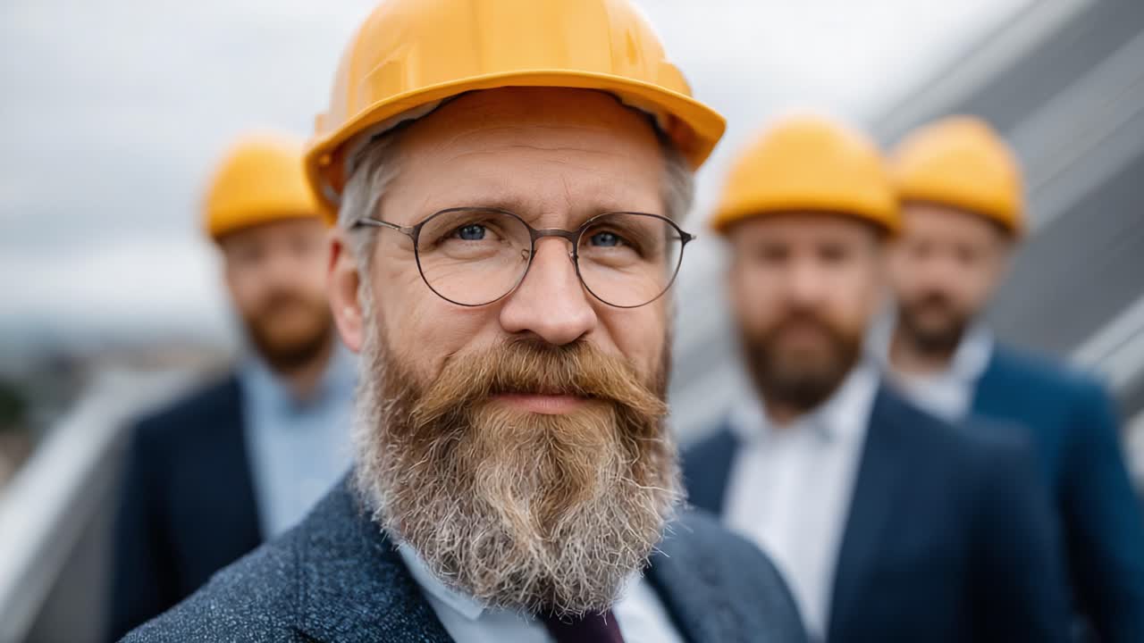Centering on a Confident Engineer: A Professional in a Hard Hat Leads a Team of Colleagues in the Construction Industry with Dedication and Leadership