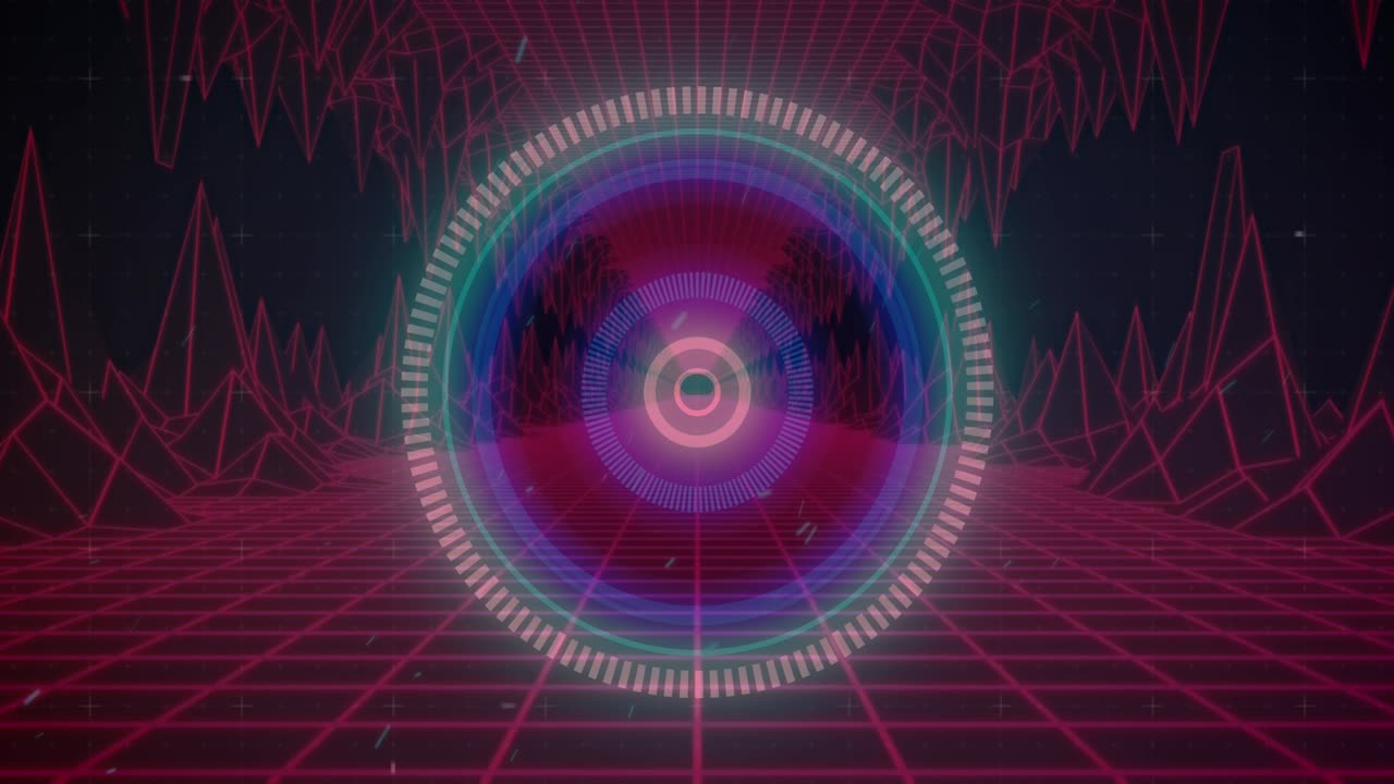 animación del escaneo del alcance sobre un mapa y una cuadrícula de color rosa brillante sobre un fondo negro