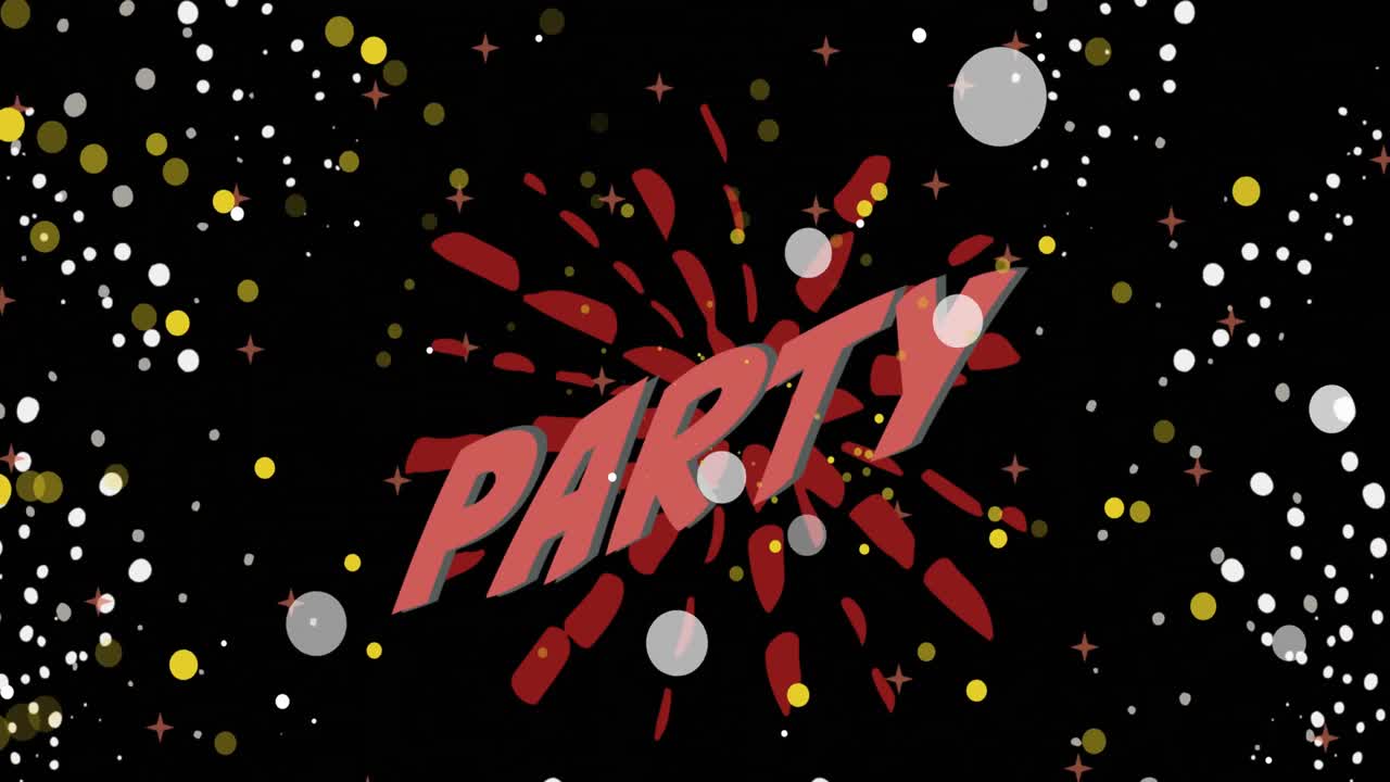 ⁇ 색과 노란색의 빛 반점이 검은색으로 움직이는 빨간색 폭발에 분홍색으로 파티 텍스트의 애니메이션