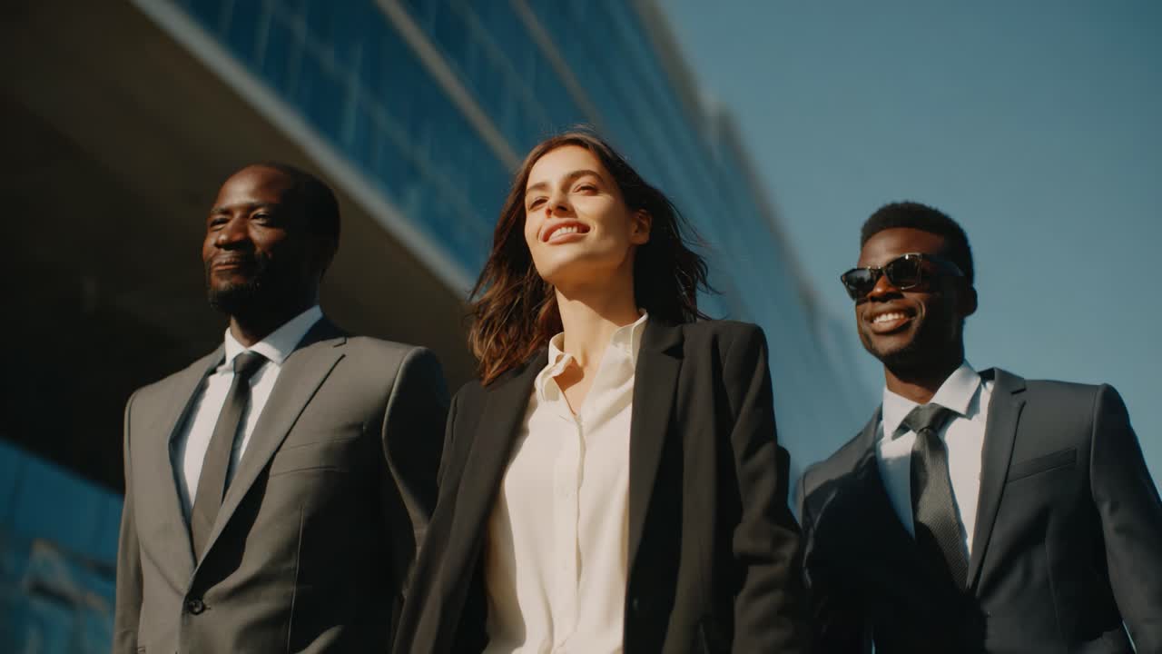 Three Confident Professionals Walking Together in a Modern Urban Environment, Exuding Team Spirit and Determination in Their Professional Attire Under Bright Blue Sky