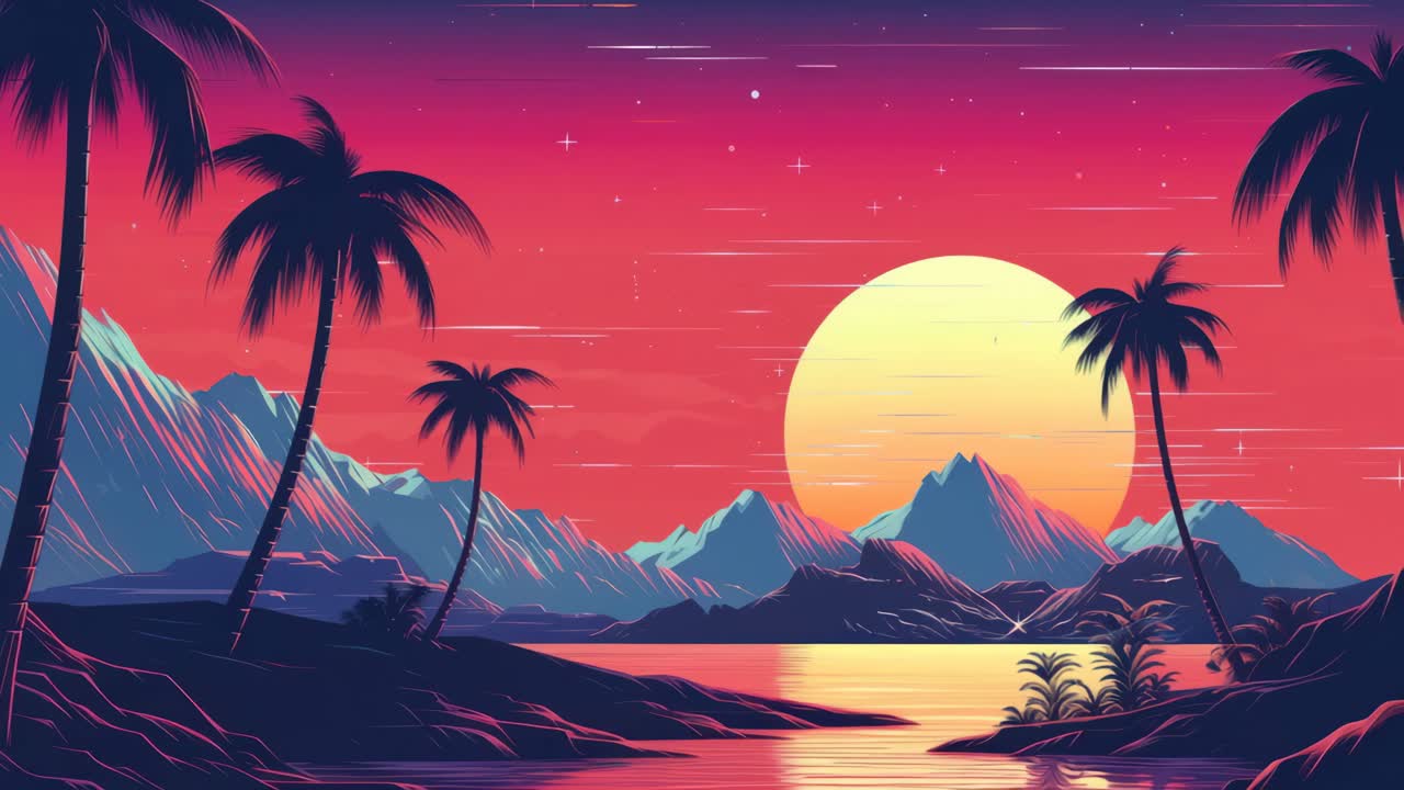 Retro-futuristic landscape with a low-angle view of palm trees, mountains, and a sunset over water