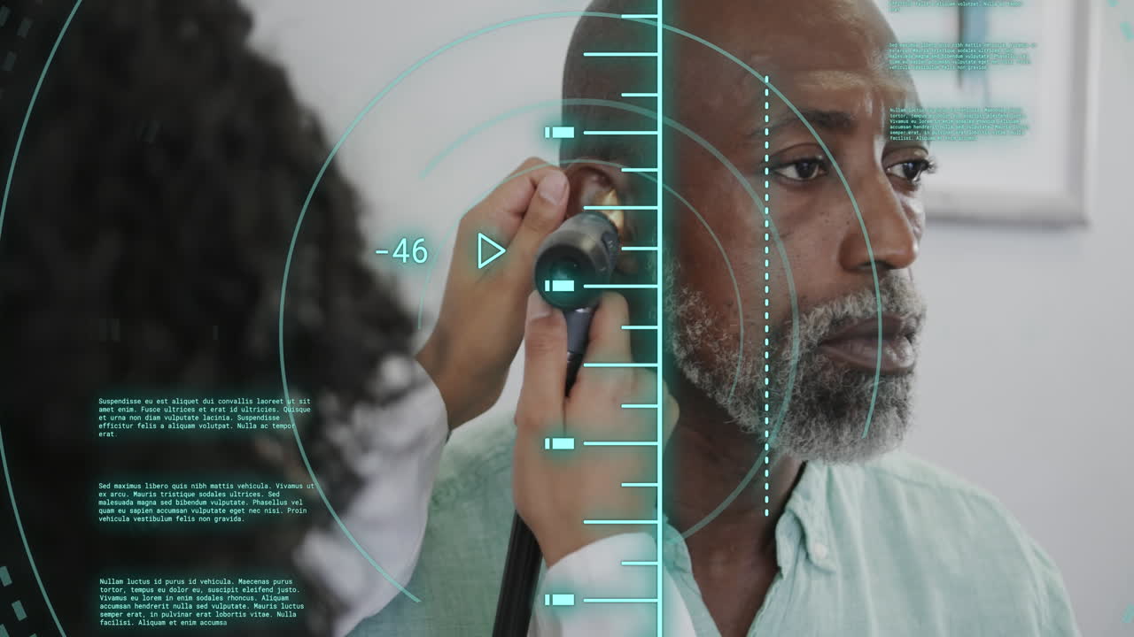 animación del procesamiento de datos sobre diversos pacientes masculinos y médicos que comprueban el oído