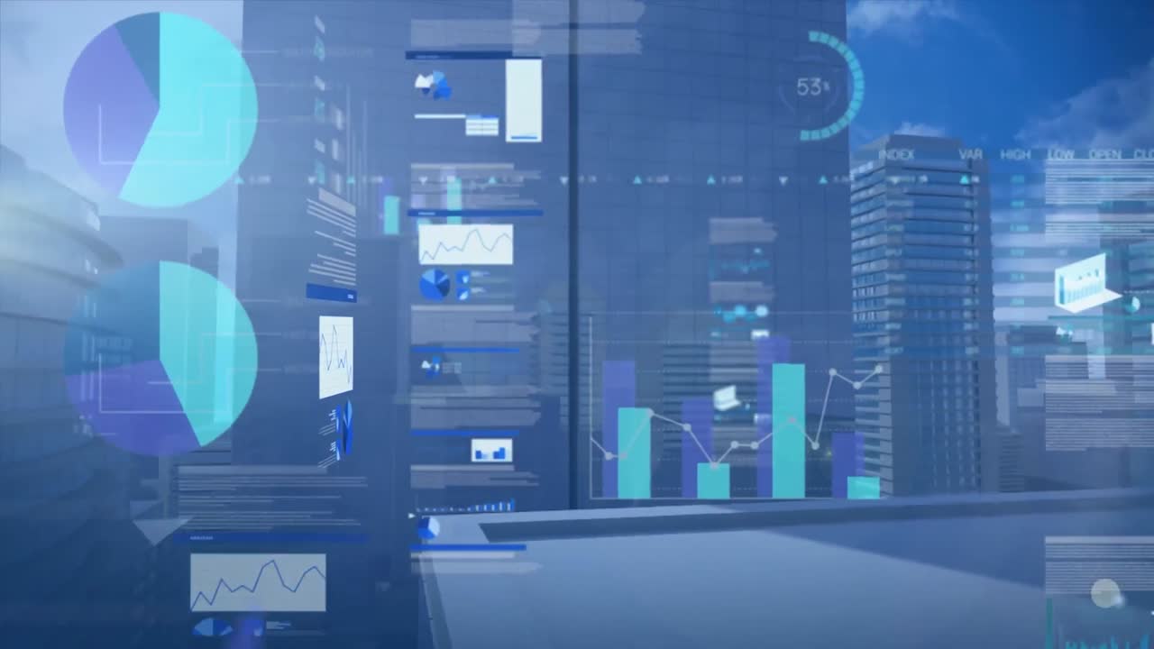 animación del procesamiento de datos financieros sobre el paisaje urbano
