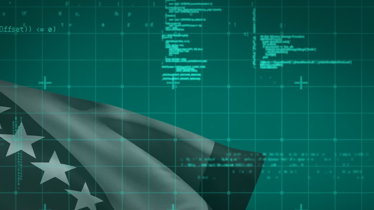 animacja przetwarzania danych nad flagą na niebieskim tle