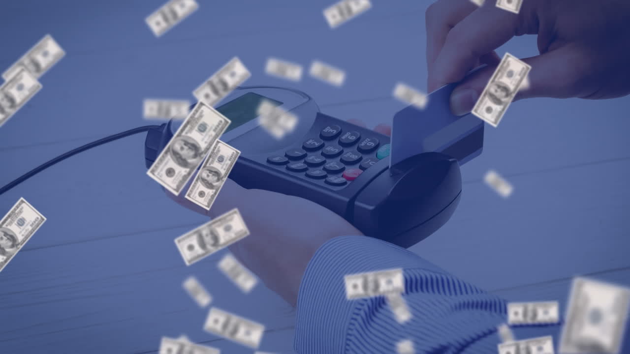 미국 달러 지폐가 결제 터미널 위로 떨어지는 애니메이션