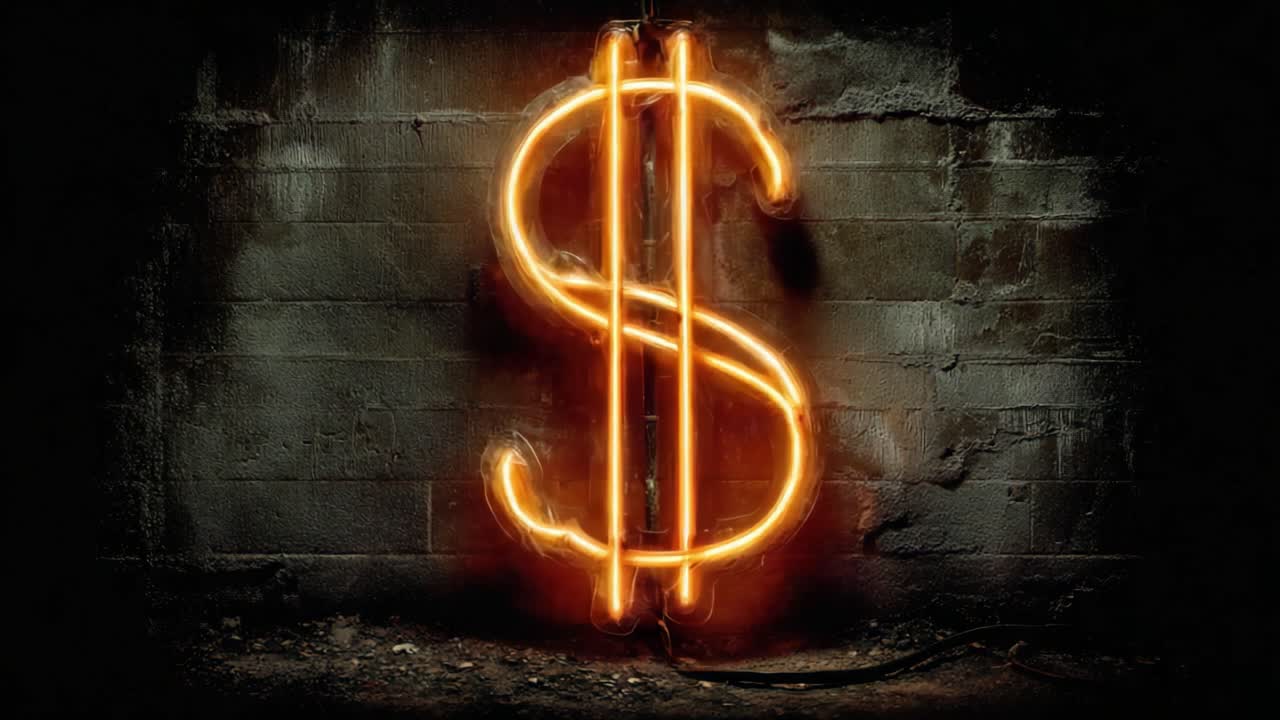 Koyu Bir Duvarı Aydınlatan Parlak Bir Neon Dolar İşareti, Cesur ve Büyüleyici Bir Tasarımla Zenginliği ve Finansal Başarıyı Sembolize Ediyor