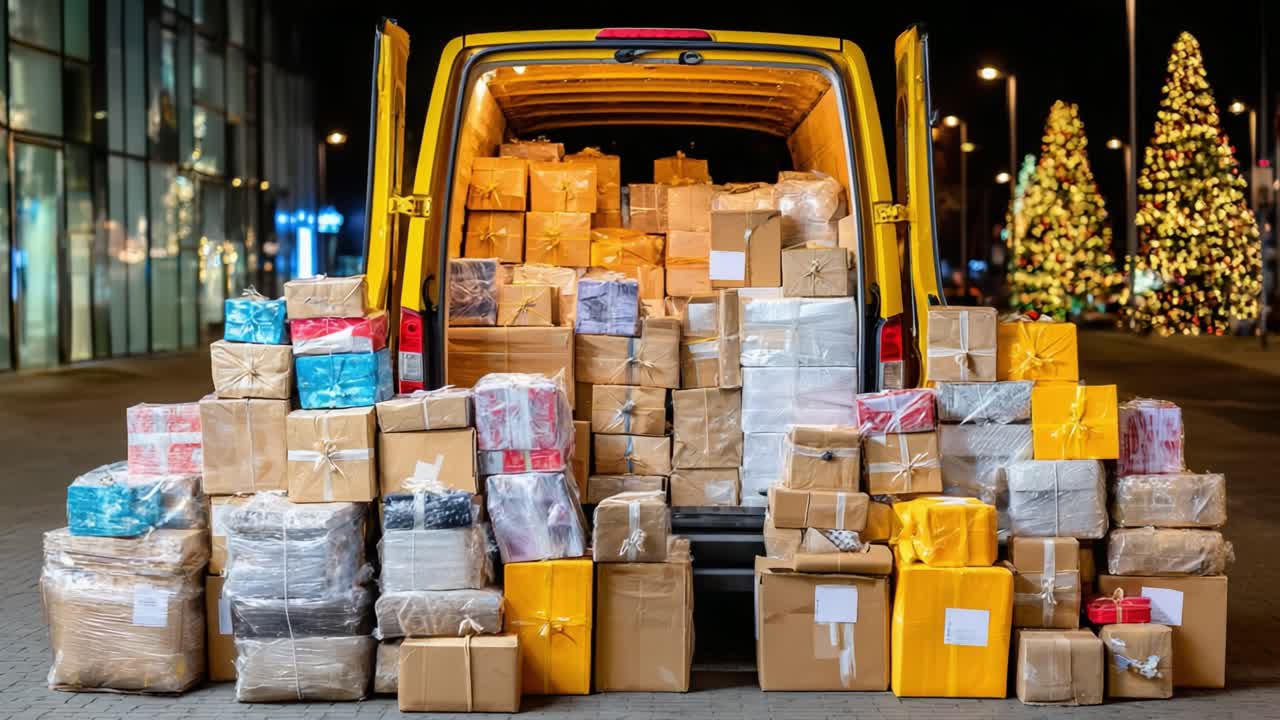 A festive scene featuring a delivery van overflowing with neatly stacked packages, ready to be distributed during the holiday season, surrounded by twinkling lights and decorated trees