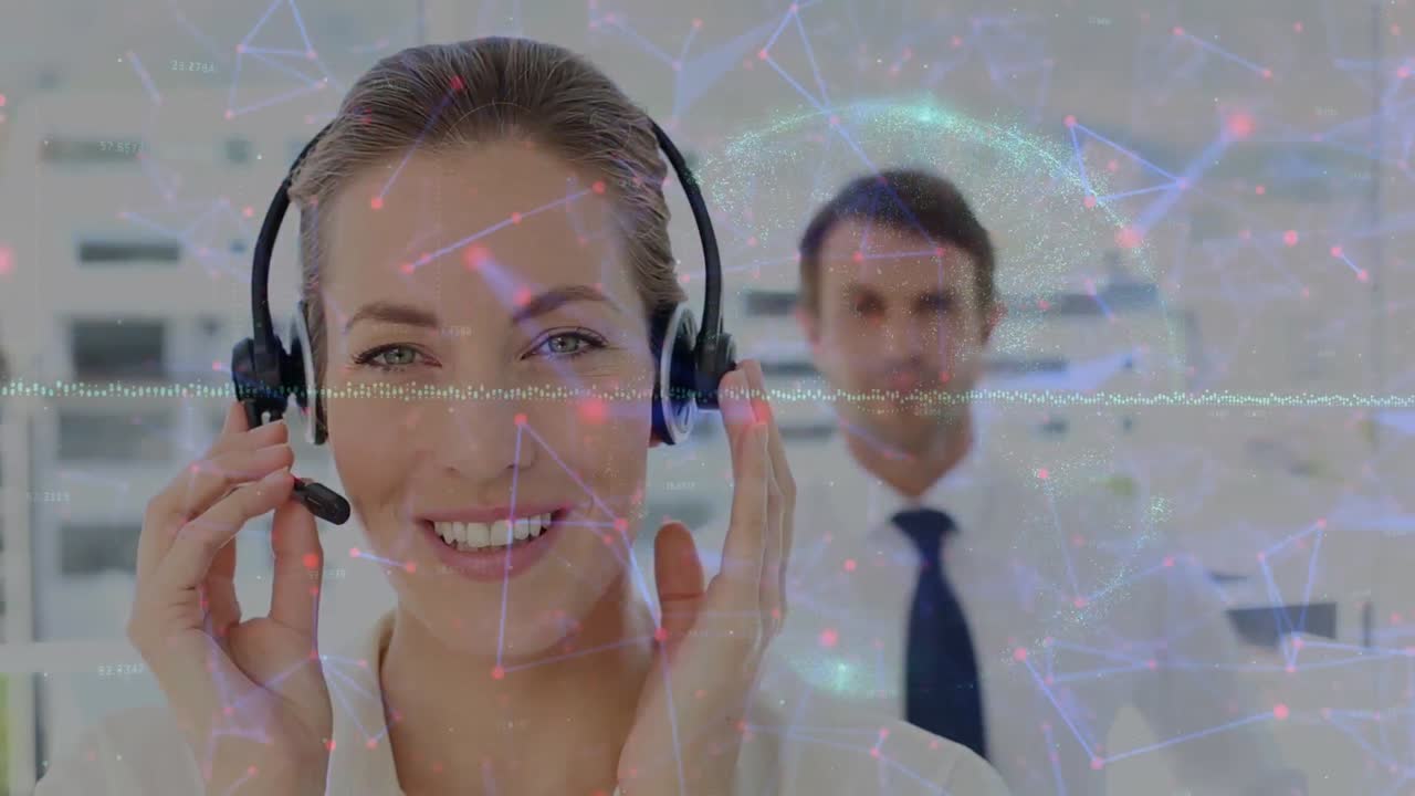 animación del globo sobre la gente de negocios usando auriculares de teléfono