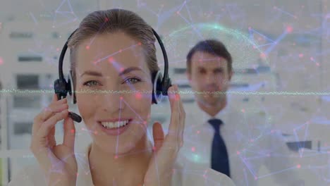 Animation-of-globe-over-business-people-using-phone-headsets