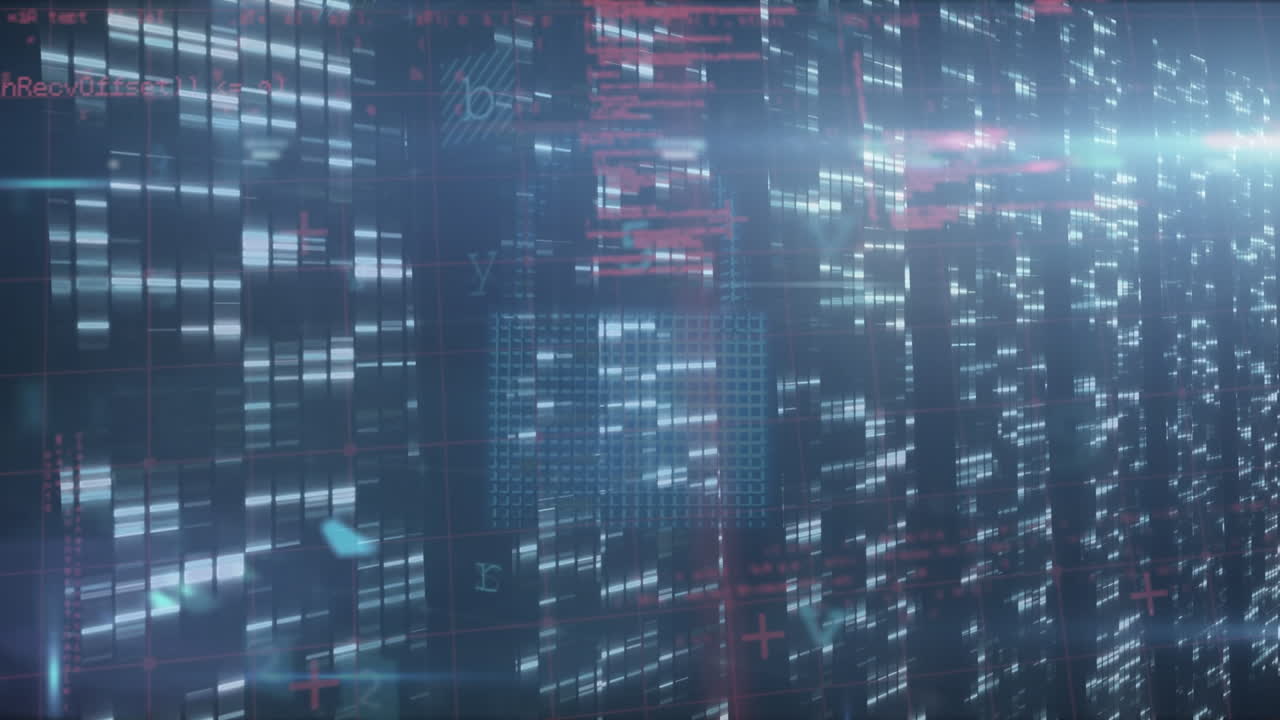 Animation of security warning texts with data processing and glowing, flashing servers