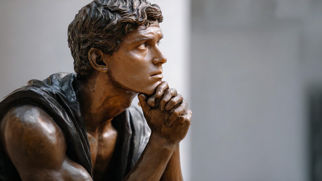 Contemplative Bronze Sculpture of a Young Man in Deep Thought Captured in a Thoughtful Pose, Showcasing Artistry and Emotion in Fine Detail and Craftsmanship