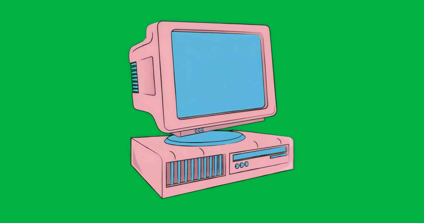 Starting pink CRT computer showing blank screen on transparent backdrop showcasing retro design