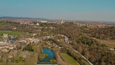 Drone-shot-over-Valeggio-sul-Mincio-river-Mantova-Italy