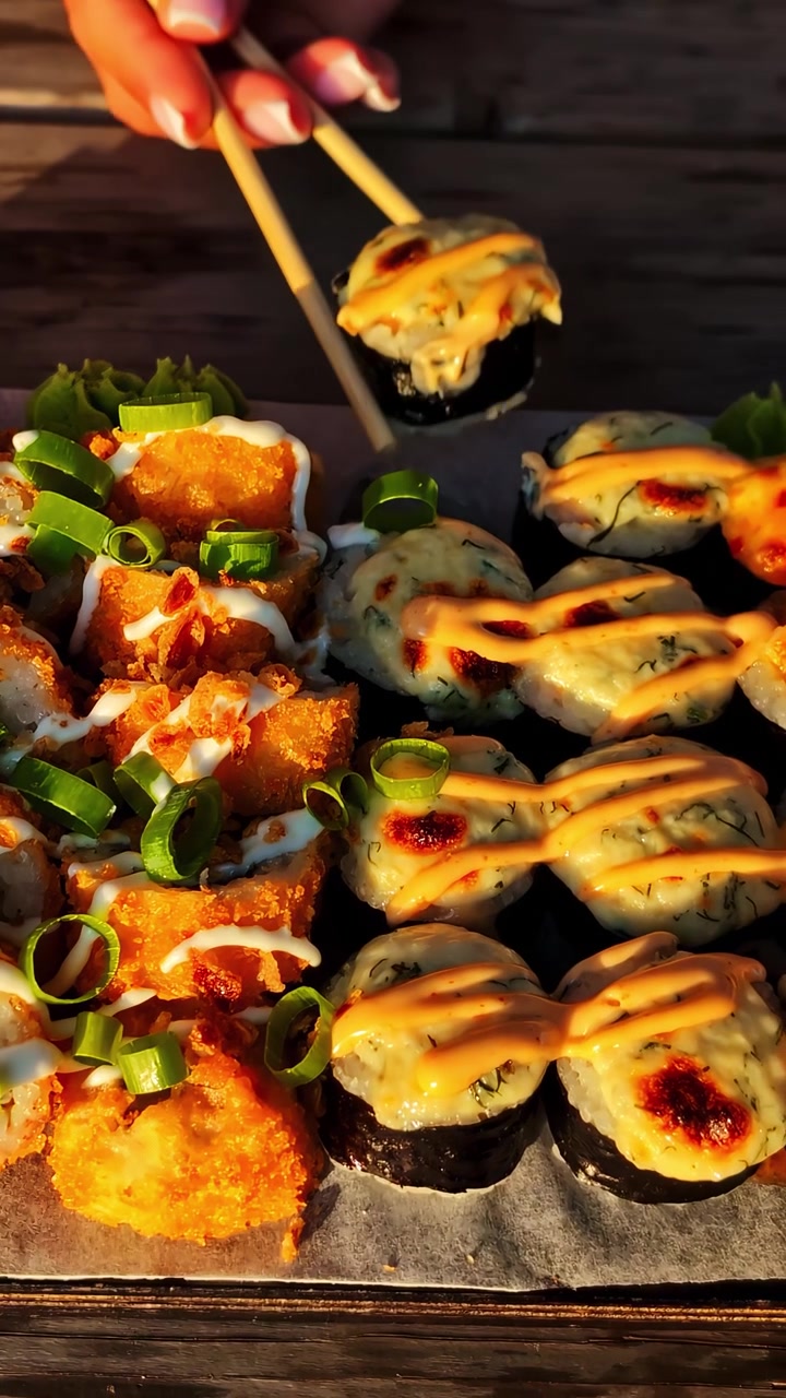 Primo piano di un piatto di sushi assortito con bacchette che servono i pezzi all'aperto, con luce naturale.