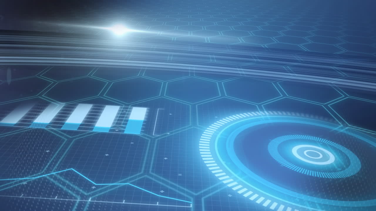 육각형으로 네이비 배경에 디지털 화면 위의 조명의 애니메이션