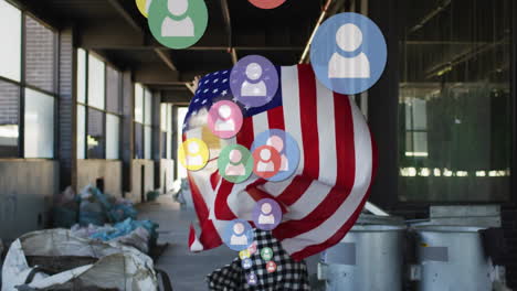 woman walking industrial corridor highlighting marketing with floating avatar circles over flag