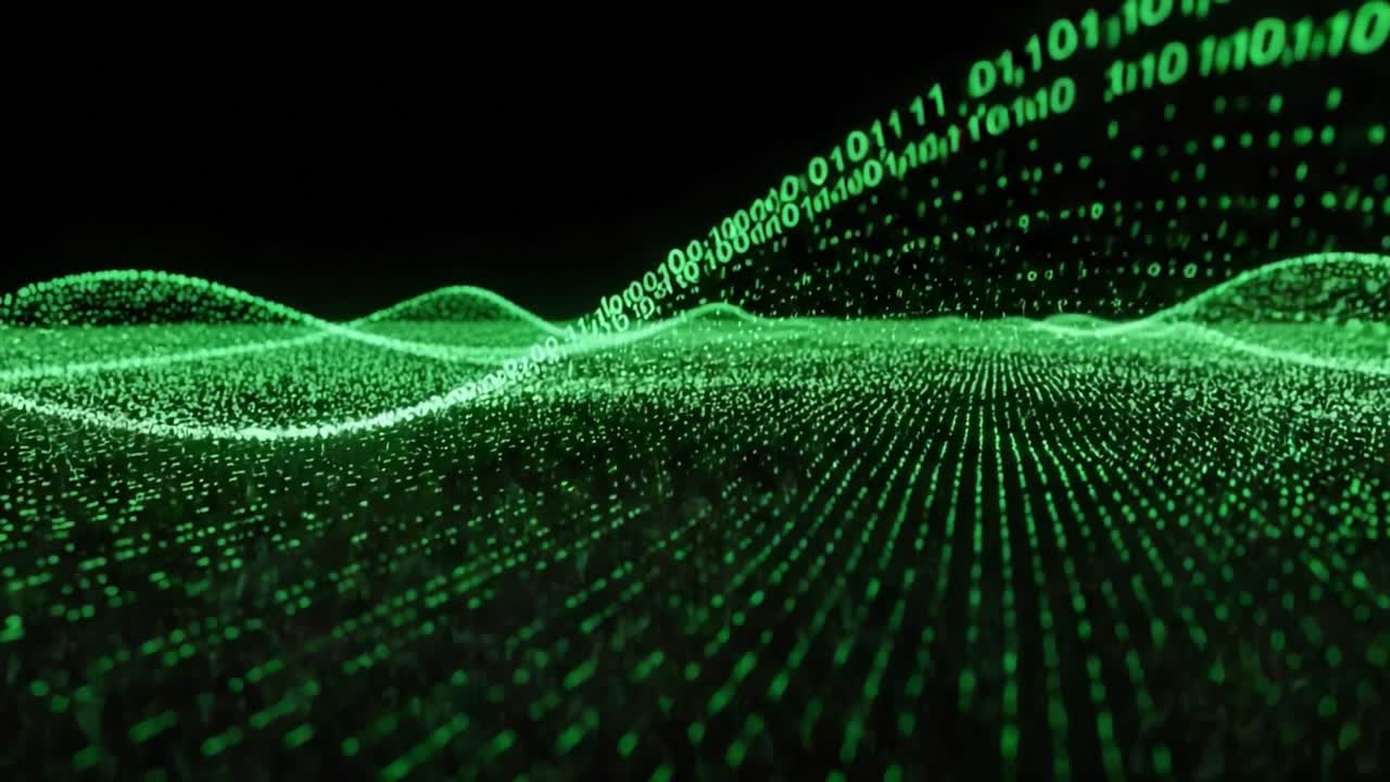 An abstract visualization of digital data waves showcasing green binary code flowing gracefully across a dark backdrop, embodying the essence of technology and information transmission