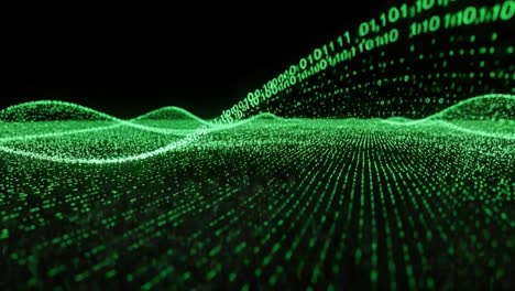 an abstract visualization of digital data waves showcasing green binary code flowing gracefully across a dark backdrop, embodying the essence of technology and information transmission