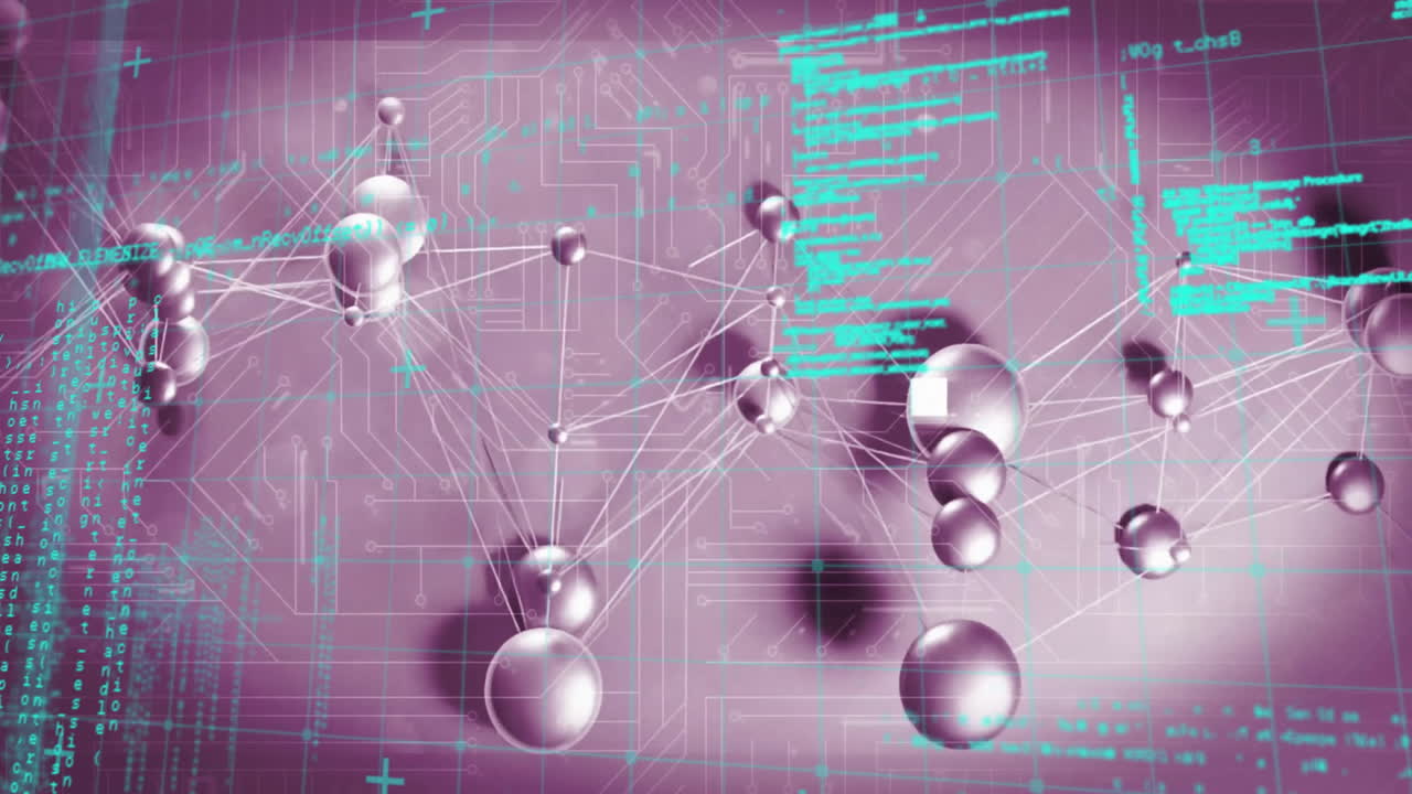 보라색 바탕에 회로판을 통해 연결 네트워크와 데이터 처리의 애니메이션