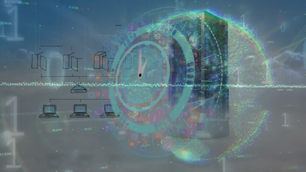 animación del reloj y el procesamiento de datos con globo sobre el cielo con nubes