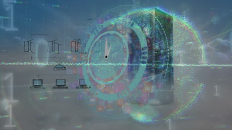Animation of clock and data processing with globe over sky with clouds