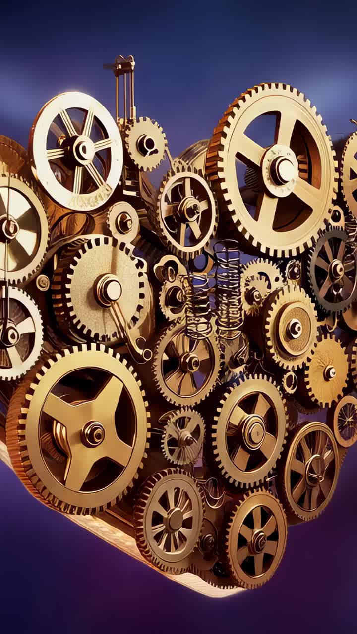 Vertical video: Zooming cam on brass gears, coil springs rotating transmitting torque on blue panel