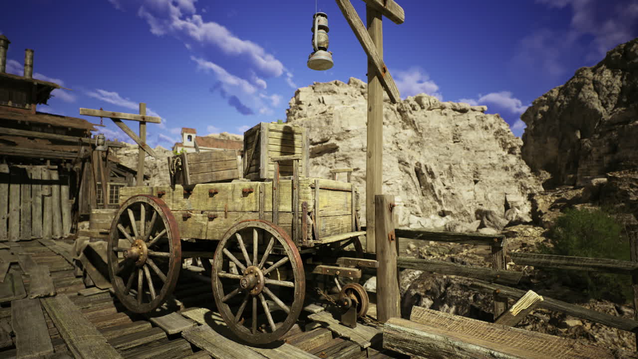 Ein alter Holzwagen, der in der Nähe eines felsigen Canyons unter einem strahlend blauen Himmel steht
