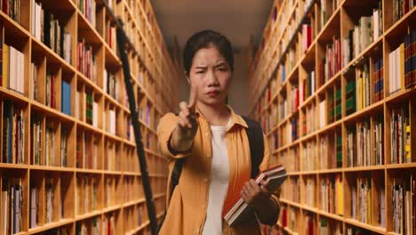 estudiante asiática con una mochila y algunos libros sacudiendo la cabeza y desaprobando sin señal del dedo índice mientras estaba de pie en la biblioteca